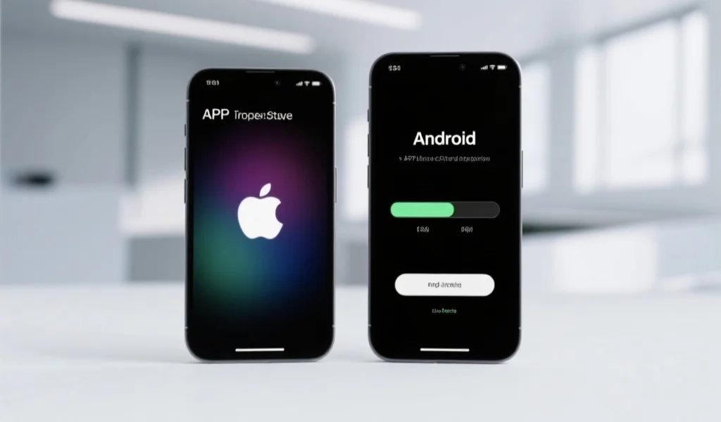 两台手机并排放置，一台显示iOS界面，一台显示Android界面，屏幕上分别显示APP安装进度条，背景简洁现代